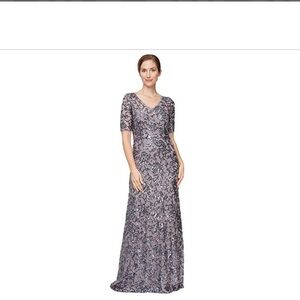 NWT Alex Evenings Purple Sequin Maxi Gown Flutter Sleeve